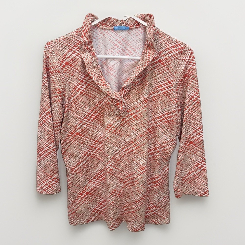 J Mclaughlin Durham Top Shirt L Catalina Cloth 3/4 Sleeve Orange Geometric